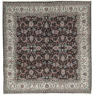 Tapis carré noir et ivoire de haute qualité noué à la main