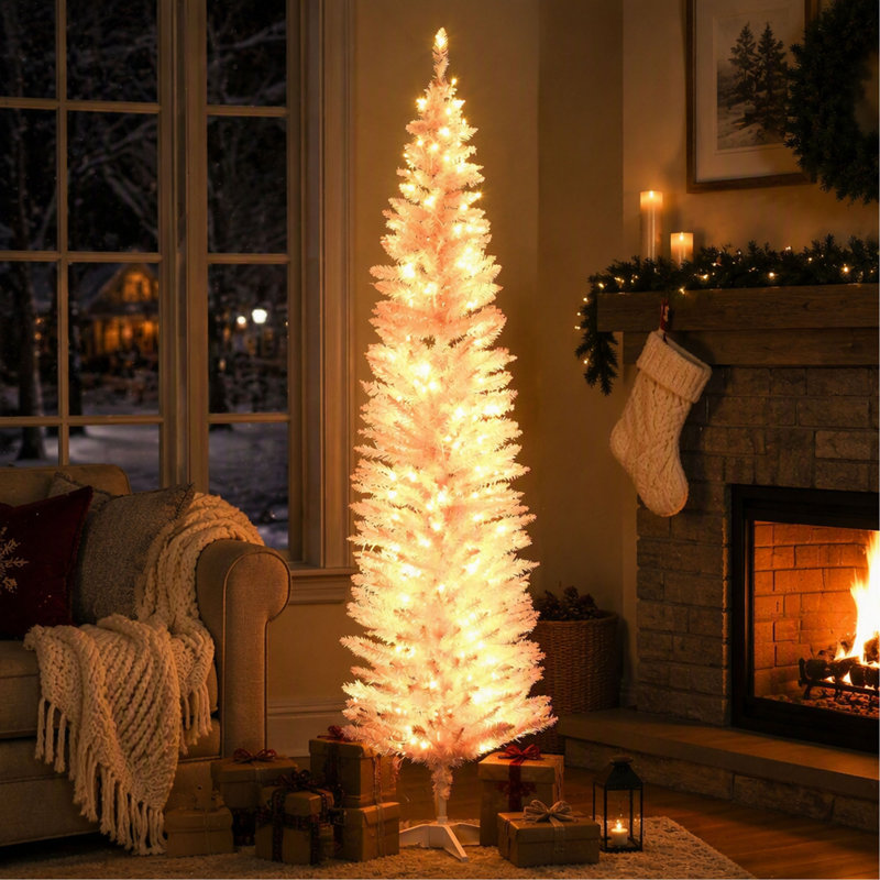 Sapin de Noël artificiel Noble Fir élancé, pré-illuminé, de 2,13 m (7 pi), avec 200 lumières DEL blanc chaud et 499 branches, finition rose, idéal pour les décorations de Noël.