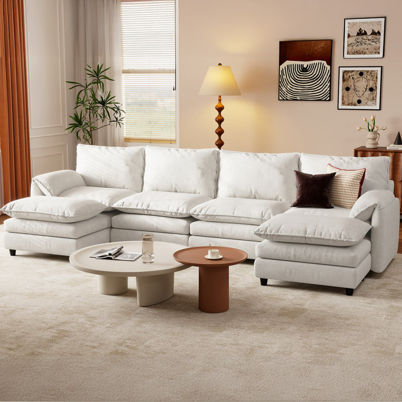 Canapé modulaire en forme de U à 139 couches de 139 po de largeur, canapé 6 pièces Cloud, Velours blanc