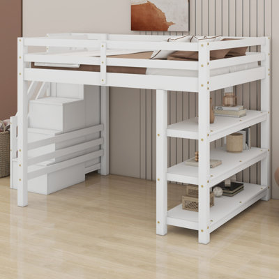 Wood Loft Bed With Stairs, Storage Shelves And Wardrobe, Guardrails And LED Lights