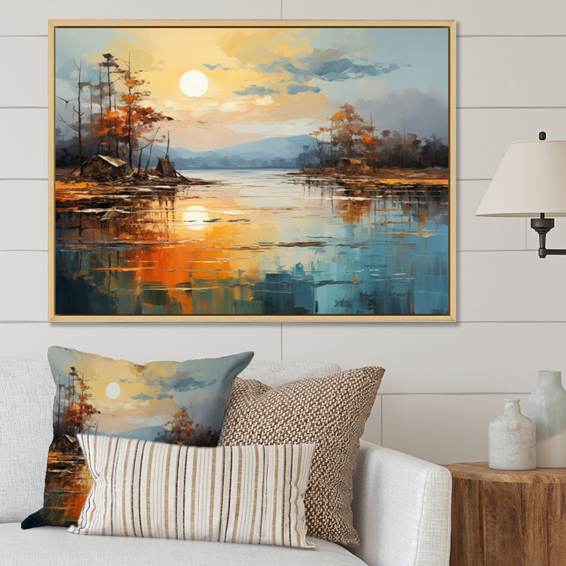 Orange Rivers Riverside Reflection II - Modern Canvas Prints, H 16 po x l 32 po x P 1 po, Cadre naturel flottant
