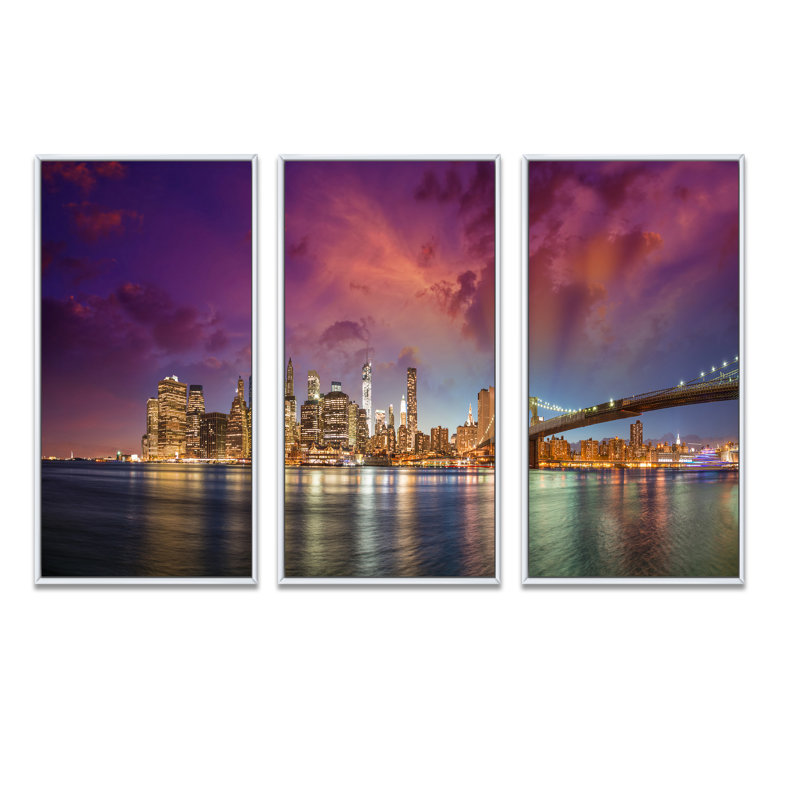 New York Manhattan, ensemble de 3 toiles d'art encadrées sur toile, H 32 po x l 48 po x P 1 po, Cadre blanc