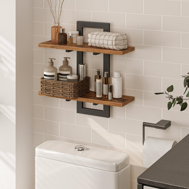 Double Layer Floating Wall Shelves Set, 40Lb Capacity Particleboard Storage Shelves With Metal Frame, Easy Install Wall Mounted Shelves For Living Room Bedroom Bathroom，15 Inch Wall Shelf Set Of 2