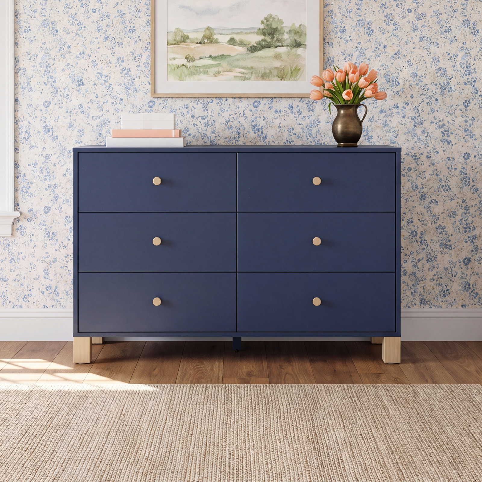 California 6 Drawer Dresser, Midnight Blue/Driftwood