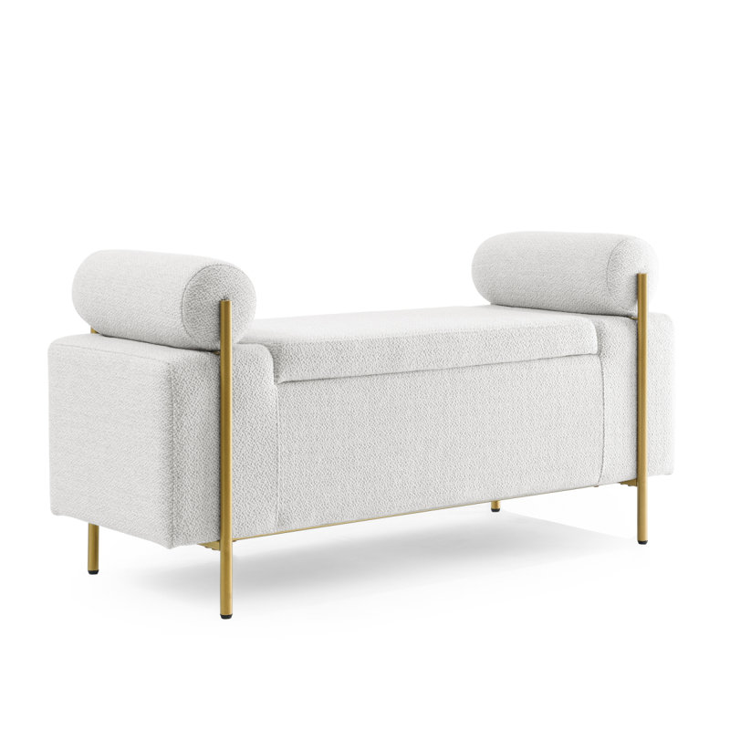 Elegant Upholstered Storage Bench With Cylindrical Arms And Iron Legs For Hallway Living Room Bedroom, Blanc