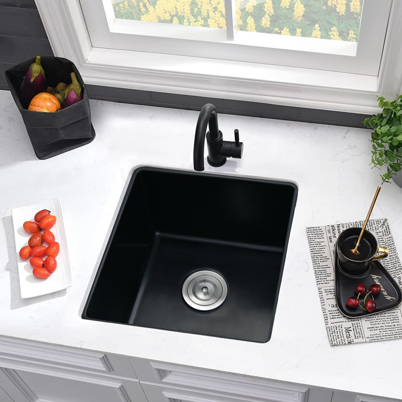 Évier de cuisine à cuve simple encastrable en quartz 18,11 po L, Noir, noir, noir, noir