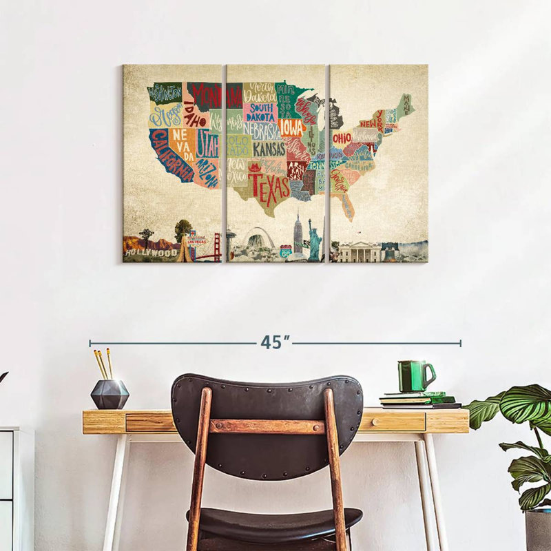 Ensemble de 3 cartes rétro USA sur toile, H 24 po x l 38 po x 1,25 po