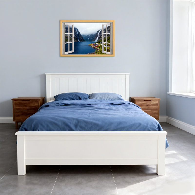 Landscape & Nature Mountain Lake Village Waterfall Scenic View Window Frame, 24" H x 16" W, Wrapped Canvas, Does Not Apply