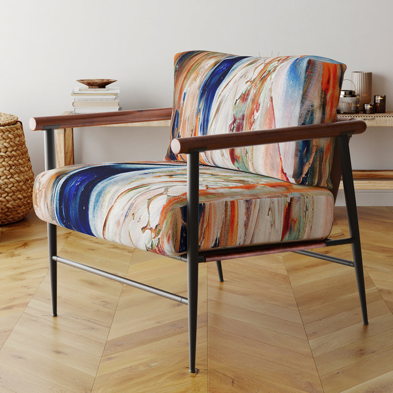 Chaise d'appoint rembourrée Gambel Nicosha, Doré, Bleu marine / orange / beige