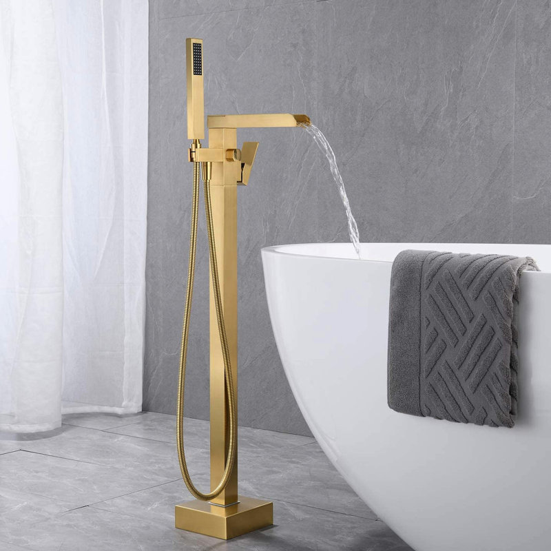 Robinet de salle de bain en or brossé - Robinet de baignoire sur pied avec bec en cascade et douchette pratique pour une toilette efficace - Fixation murale, or, poignées à levier