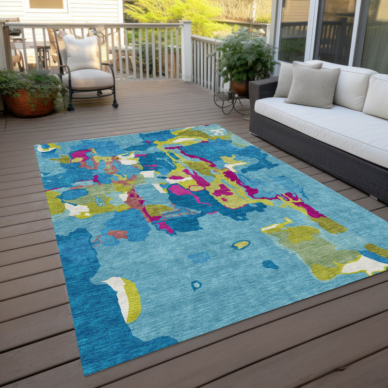 Aqua Abstract Flat Woven Washable Synthetic Rug 3' x 5'