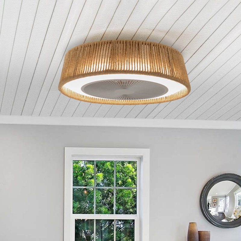 21 in. BohoCircle Woven Cage Oak Flush Mount Ceiling Fan with LED Light, Remote & Reversible Motor