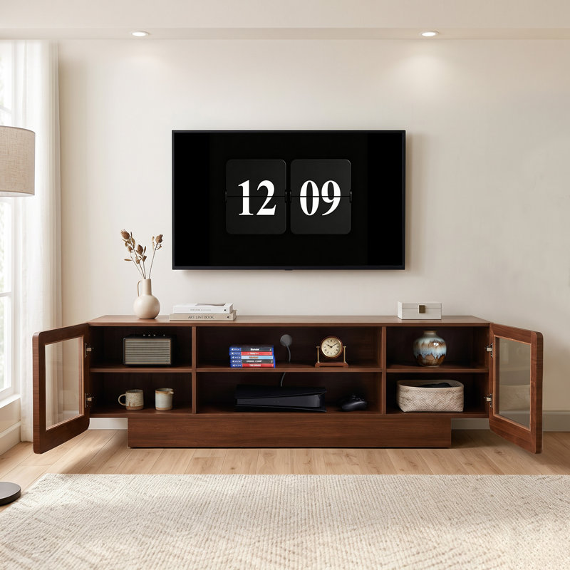 Meuble télé rétro en noyer foncé avec portes en verre trempé, console multimédia moderne pour salon