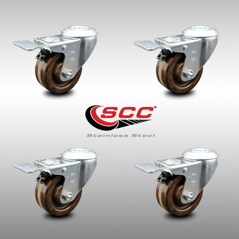SS High Temp Phenolic Swivel Bolt Hole Caster Set with Total Lock Brake