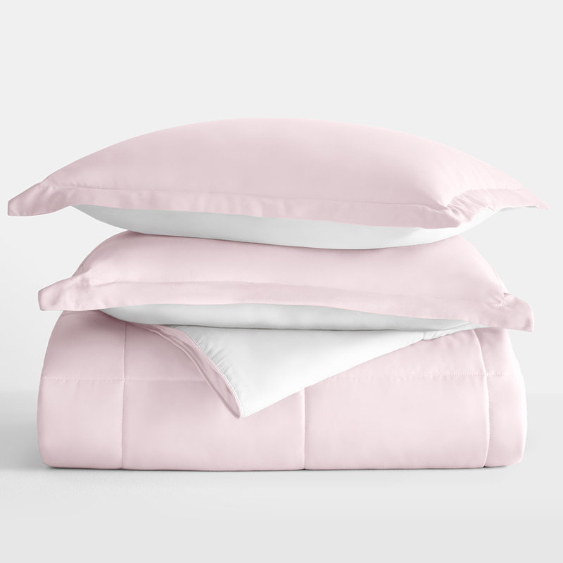 Reversible Down-Alternative Comforter Bedding Set, Full/Queen Comforter + 2 Shams, Blush