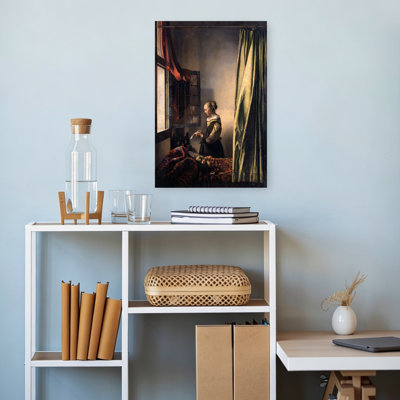 Fille lisant une lettre à une fenêtre ouverte, impression d'art mural classique contemporain