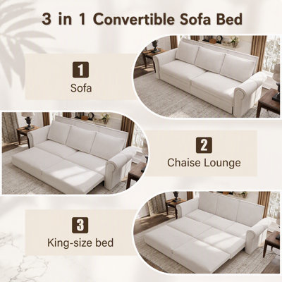 93.7 Inch King Pull Out Sofa Bed, 3-in-1 Velvet Convertible Sleeper with Nailhead Trim & Rolled Arm, Multi-Functional for Living Room and Office