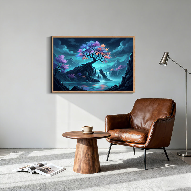 Arbre violet lumineux et cascade bleue sur toile foncée, H 36 po x l 48 po