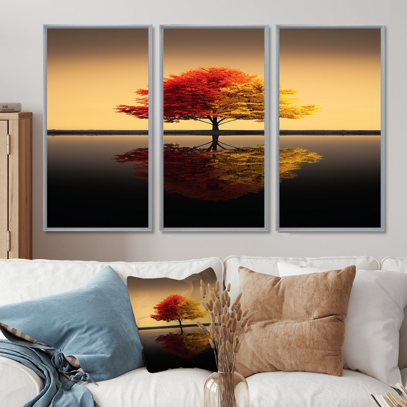 Arbre rouge et jaune dans un lac tranquille - ensemble d'art mural chêne, H 28 po x l 36 po x P 1 po, Encadrement argenté