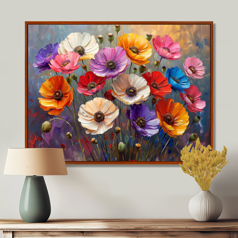 Bouquet rayonnant rose coquelicots rouges - coquelicots, Toile avec cadre flottant brun, H 16 po x l 32 po x P 1 po