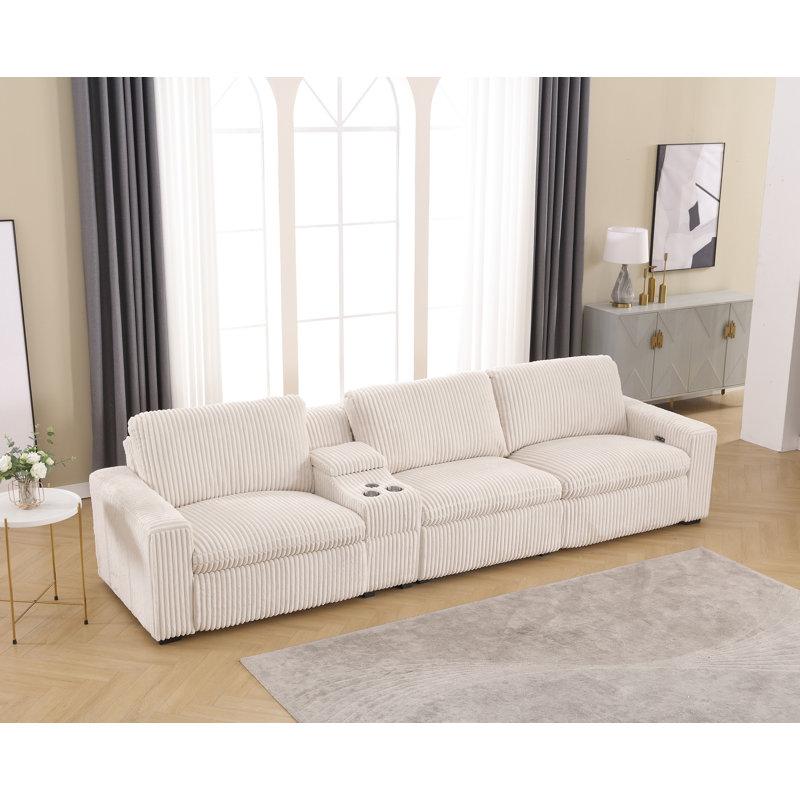 Arealious 136.6'' Modern Corduroy Power Reclining Sofa With Cupholder Wireless Charging Storage USB, Alabaster White Corduroy