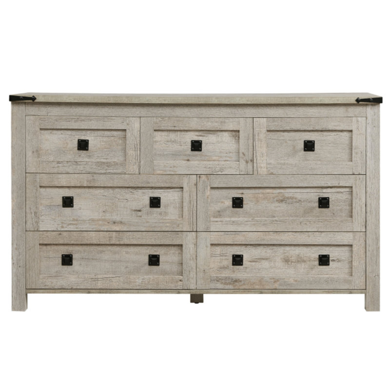 Addeline 54"W Farmhouse 7 - Drawers Dresser Organizer, Wood Rustic Wide Chest of Drawers, Light Gray