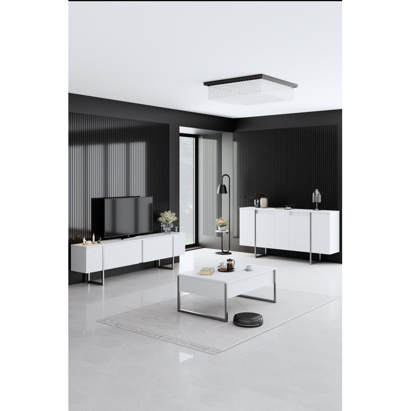Table basse moderne avec pieds en métal, blanc et argent, 35,4 x 23,6 x 15,7 pouces | 100% panneau de particules enduit de mélamine, épaisseur: 0,7 pouce | Design industriel élégant pour le salon et la maison