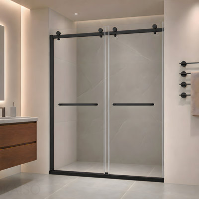 Porte de douche coulissante double sans cadre l 60 po x H 74 po avec verre trempé transparent de 8 mm Lym-10-Mo-8 Noir mat