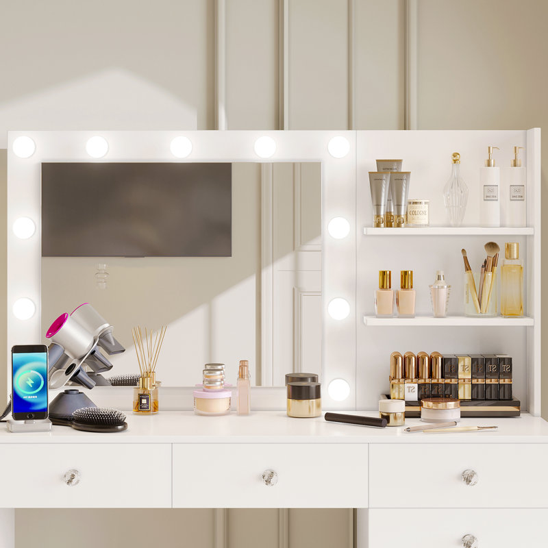 Greyden Makeup Vanity with Lighted Mirror, Outlets and 6 Drawers, White