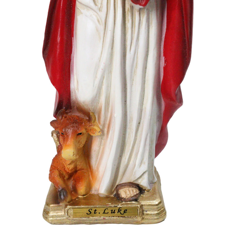 Figurine de 20 cm représentant saint Luc, apôtre et disciple de Jésus, avec un bœuf., 8" H x 3" W x 2" D