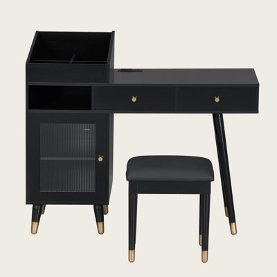 Modern Makeup Vanity Desk With A Stool, 2 Drawers, 1 Top Open Shelf, A Cabinet With Glass Door And Charging Station by George Oliver