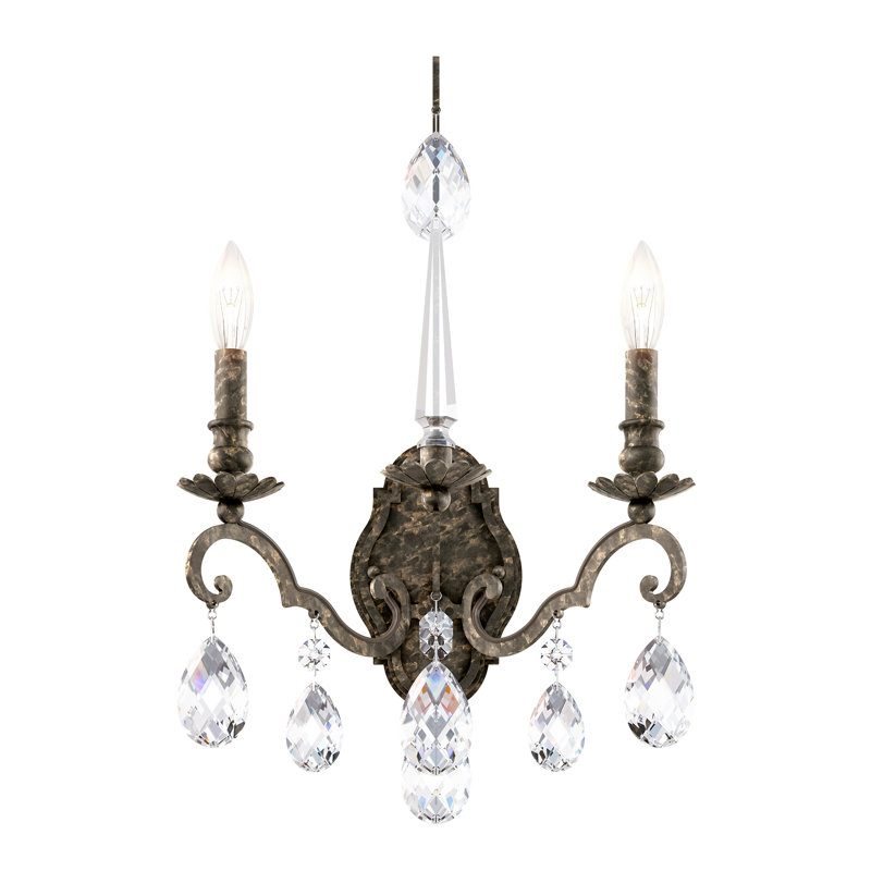 Renaissance Nouveau 2 Light 15in x 21in Wall Sconce in Antique Silver with Clear Heritage Handcut Crystals, Heirloom Bronze