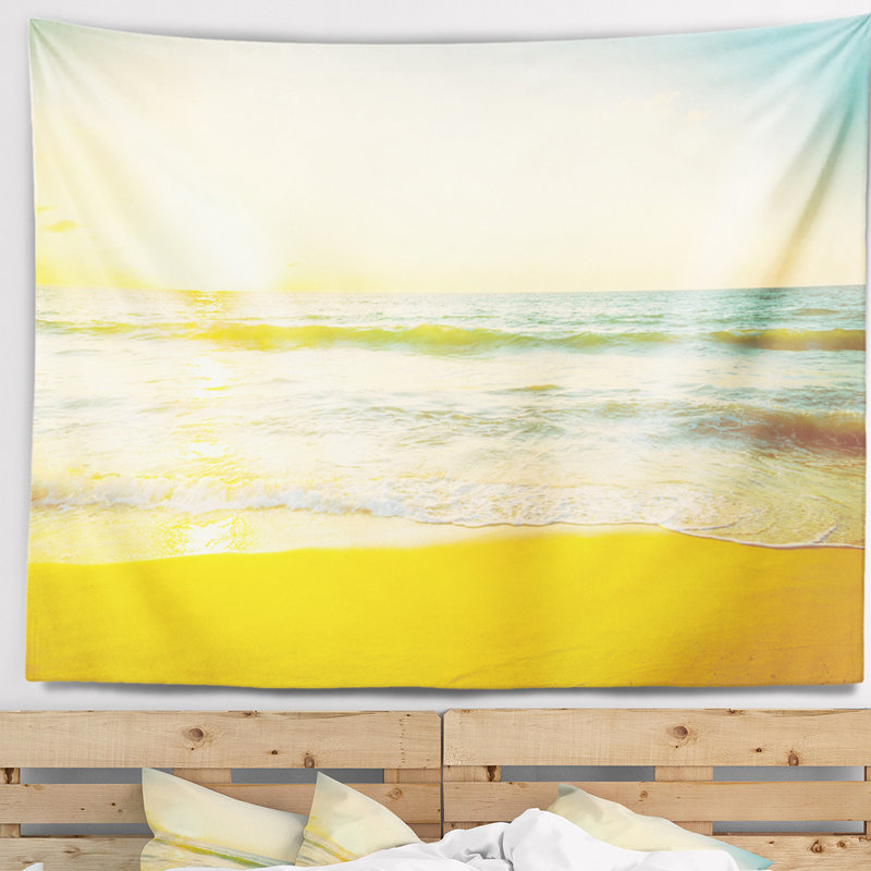 Paysage marin calme et coloré coucher de soleil à la tapisserie de la plage, H 32 po x l 39 po