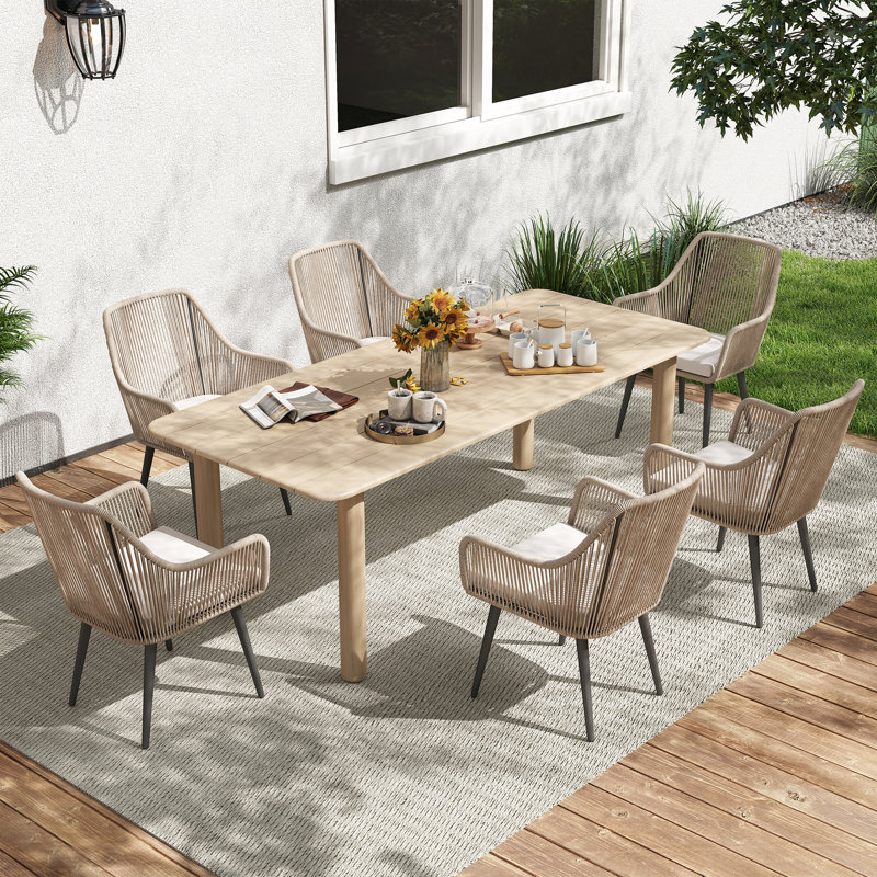 7-piece Outdoor Dining Set With Solid Wood Table And 6 Wicker Armchairs