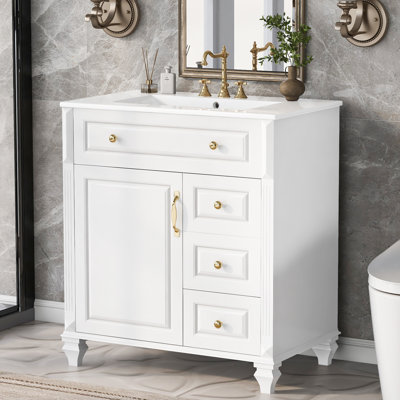Meuble-lavabo avec lavabo en céramique, tiroirs et tablette ajustable