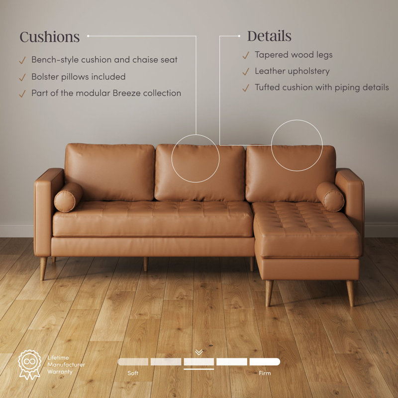 Canapé en cuir brun clair avec coussin de banc, méridienne et structure en bois massif