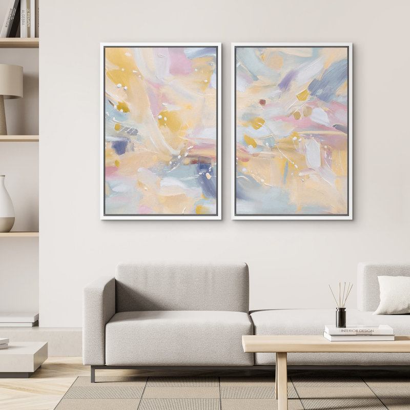 Abstrait pastel abstrait, doux, rose, bleu, jaune, art moderne, reproduction d'art sur toile encadrée, 2 pièces, Blanc