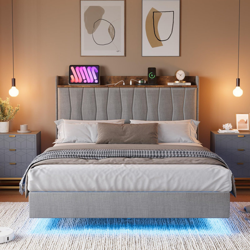 Floating Bed Frame, With LED Lights & USB Charging Station, Headboard, Black, Full