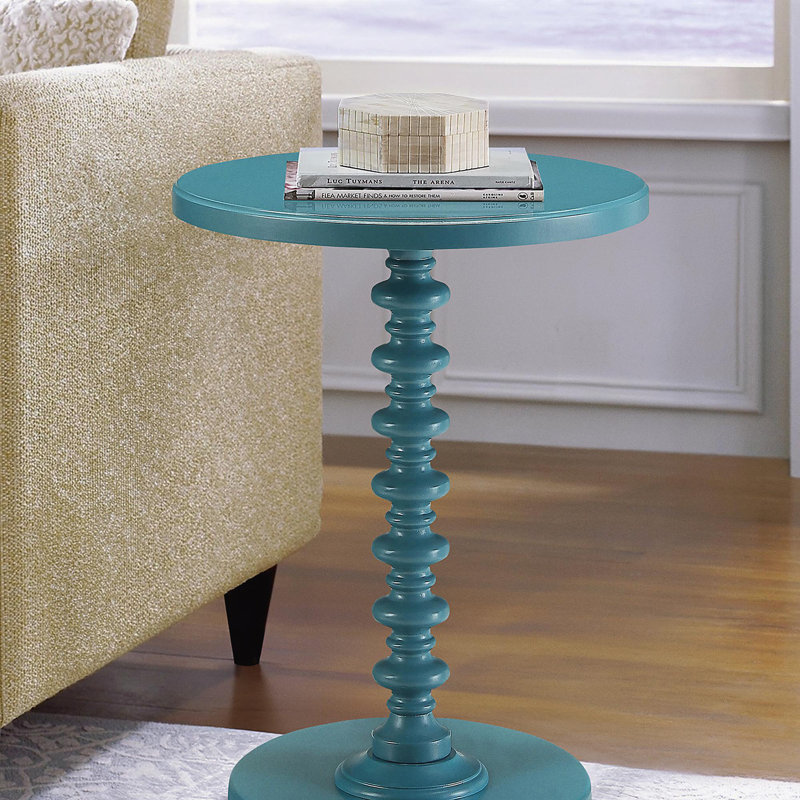 Blue circular wooden side table, Teal