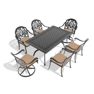 7-Piece All-Weather Cast Aluminum Outdoor Dining Set with 2 Swivel Chairs, Black