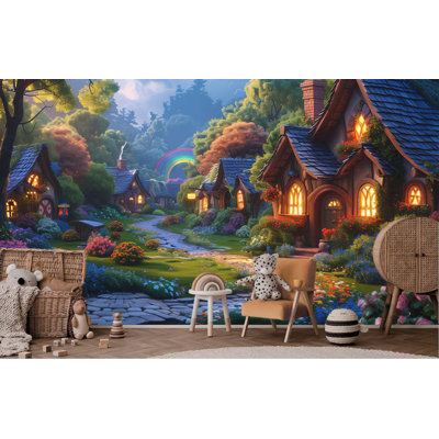 Enchanted Fairytale Cottage Village Wall Mural, Glowing Storybook Houses Rainbow Flower Garden Forest Wallpaper for Home Decor