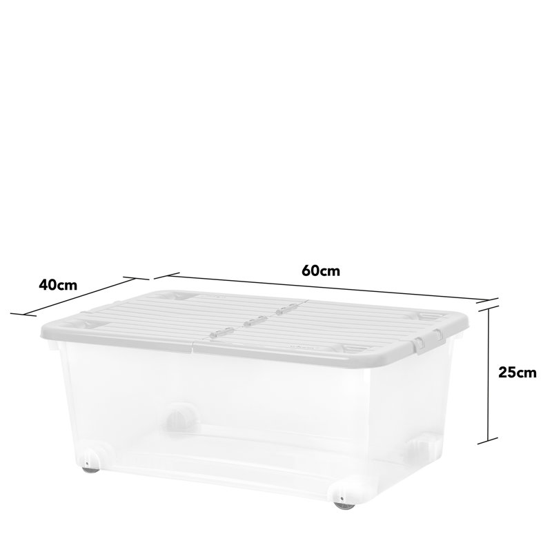 Wham 45L Plastic Storage Box with Wheels and Folding Lid Pack of 3 Clear/Cool Grey