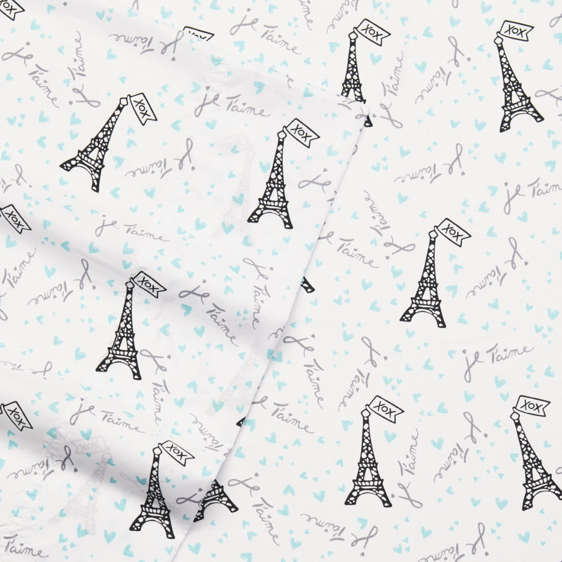 Betsey Johnson Printed Novelty Sheet Sets, Full Sheet Set with 2 Standard Pillowcases, Je Taime Paris Blue