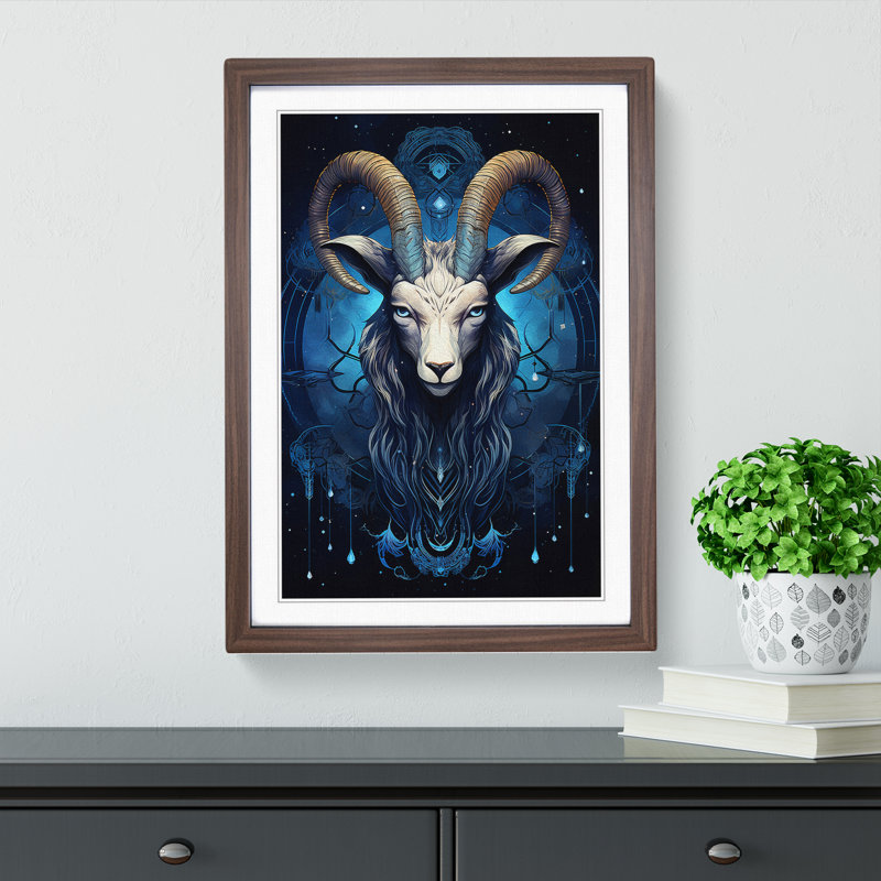 Capricorn Zodiac Geometric - Single Picture Frame Print on Wood, 64cm H x 46cm W x 2cm D, Walnut 
