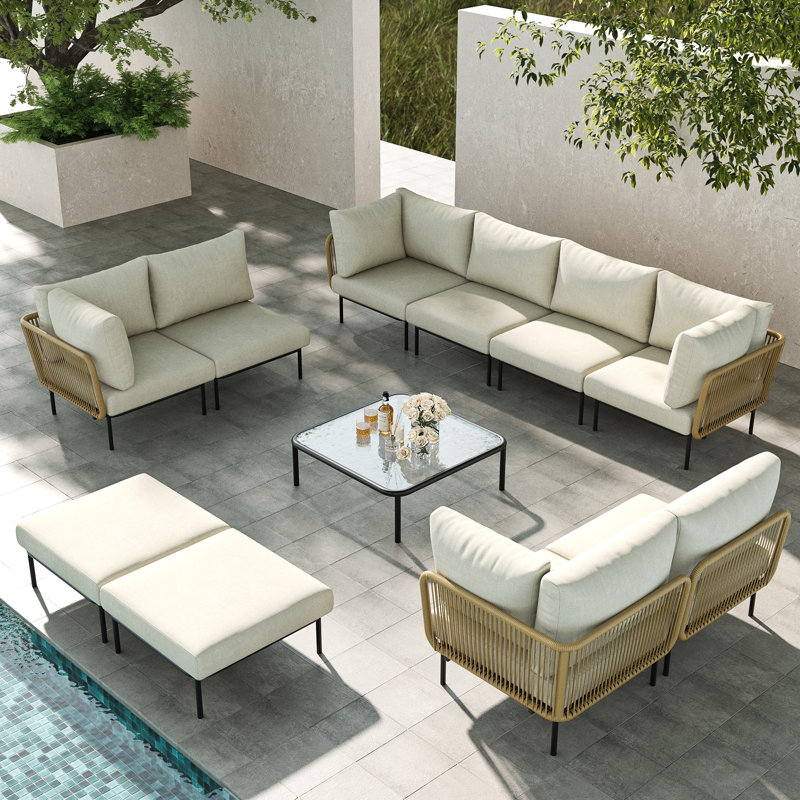  Outdoor Patio Woven Rope Wicker Modular 11 Pieces Sectional Set With Fire Pit Table And Cushions