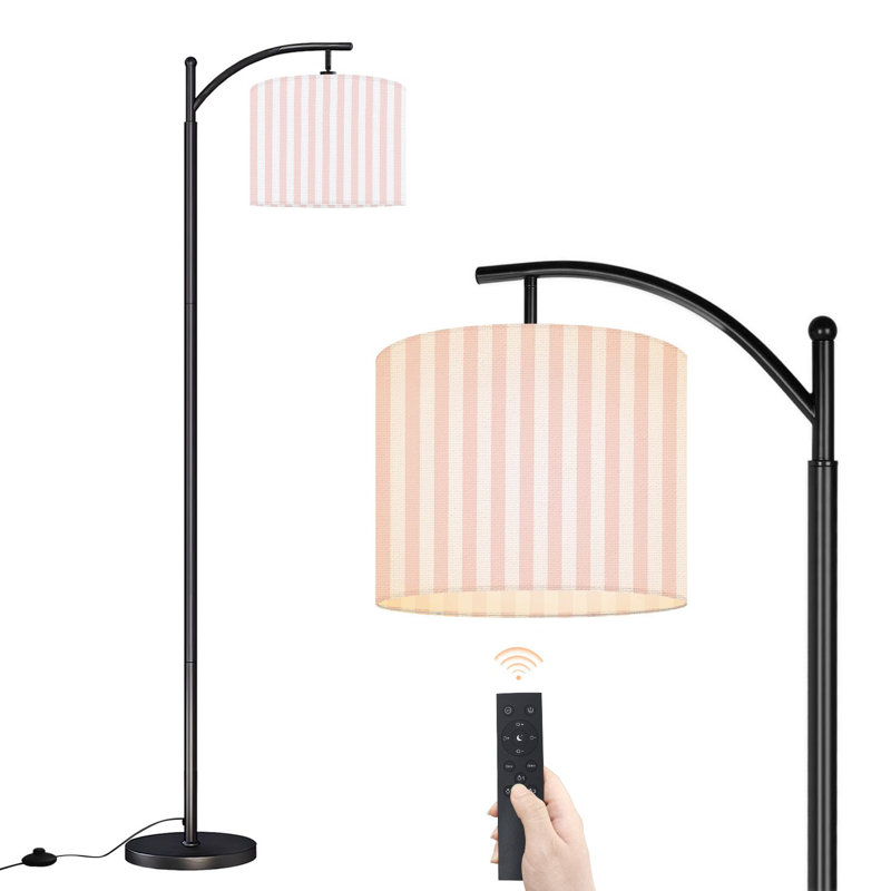 Lampe sur pied à arc avec abat-jour ajustable Lampe sur pied à rayures verticales rose pâle et blanc 3 températures de couleur à intensité variable avec interrupteur au pied pour chambre à coucher