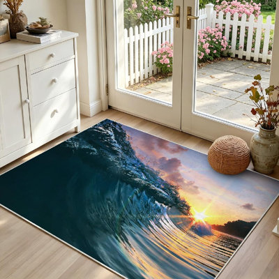Magnifique tapis d'intérieur bleu lavable à la mer avec vagues bleues