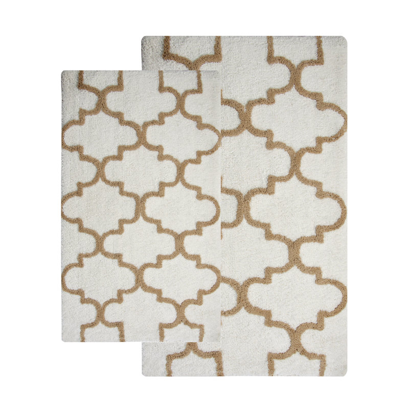 Ivory and Beige Cotton Geometric Pattern Bath Rug Set
