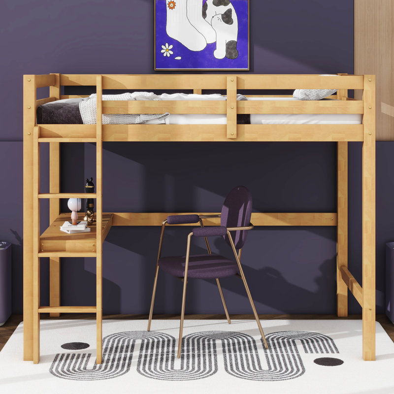 Keean Twin High Loft Bed, Rubber Wood Loft Bed With Safety Guardrail, Built-In Desk, Ladder, White Oak