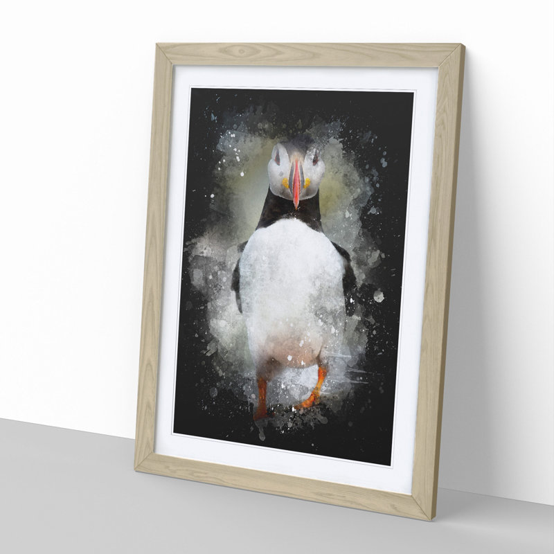 Atlantic Puffin Birds Vol.6 Paint Splash - Picture Frame Graphic Art, 48cm H x 36cm W x 2cm D, Oak